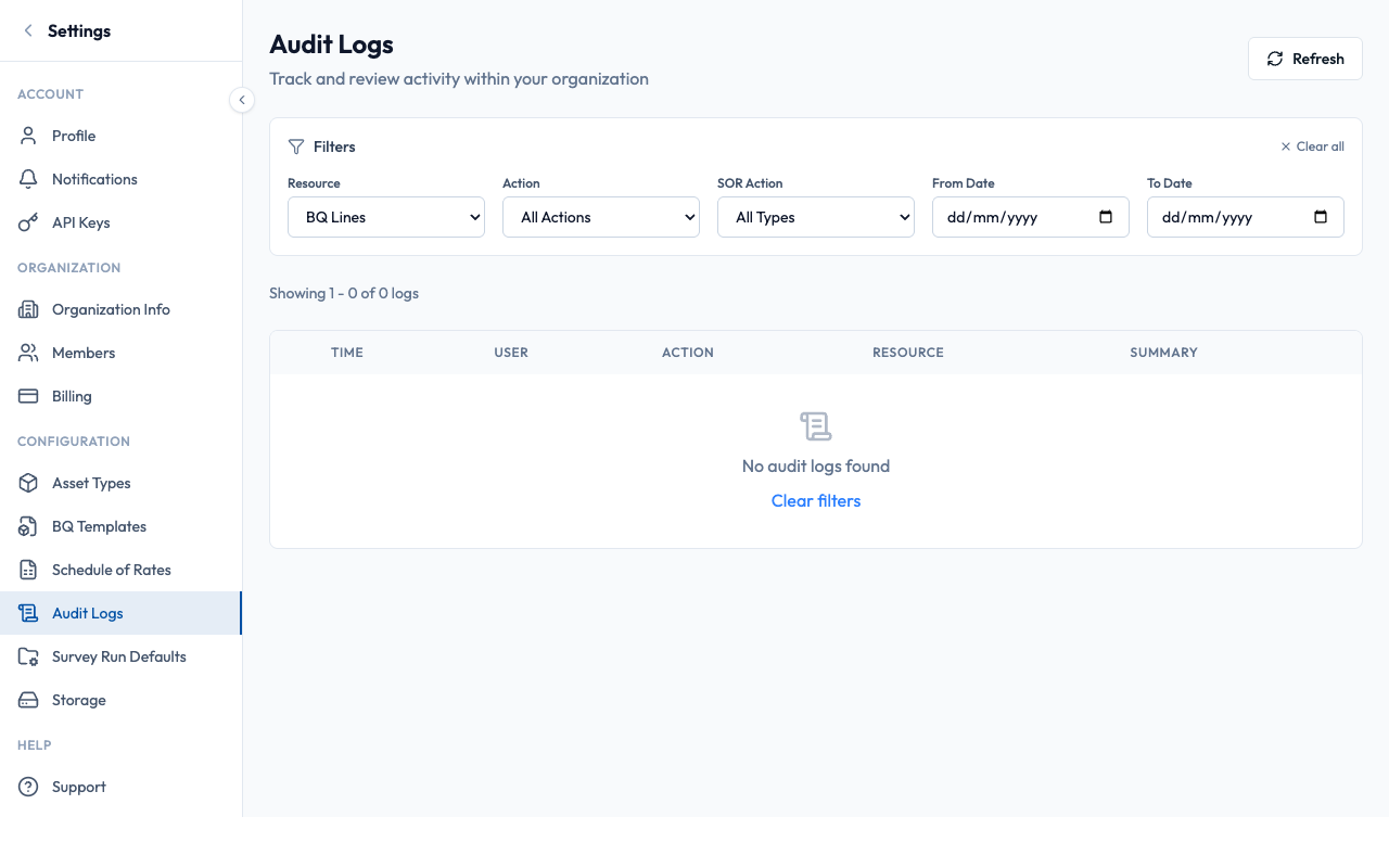 Audit logs with filters applied