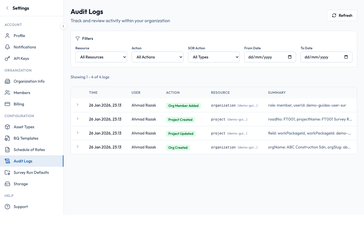 Audit log table view