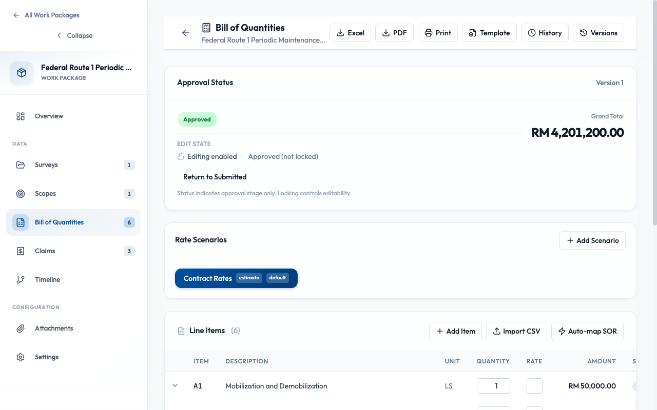 BQ tab with line items