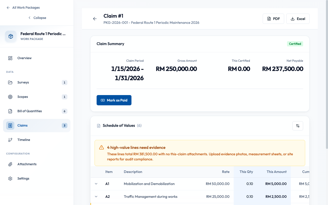 Certified claim with amounts
