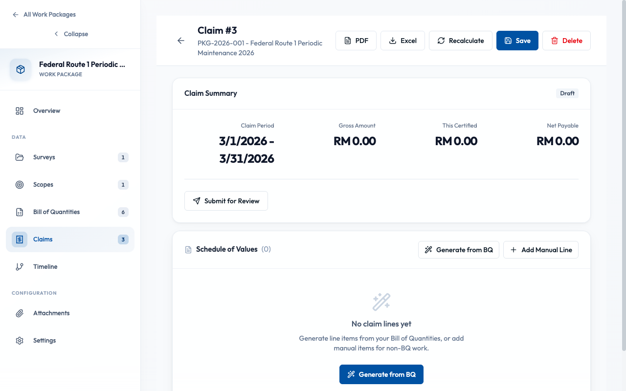 Claim detail with editable quantities