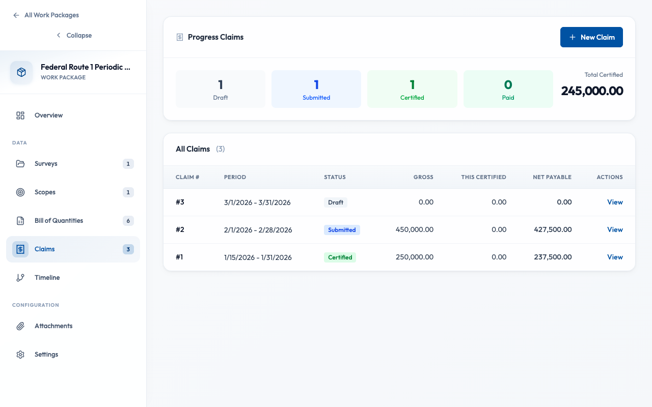 Claims list with status badges