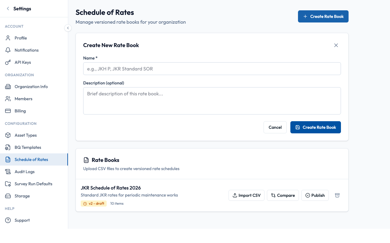 Create Rate Book form