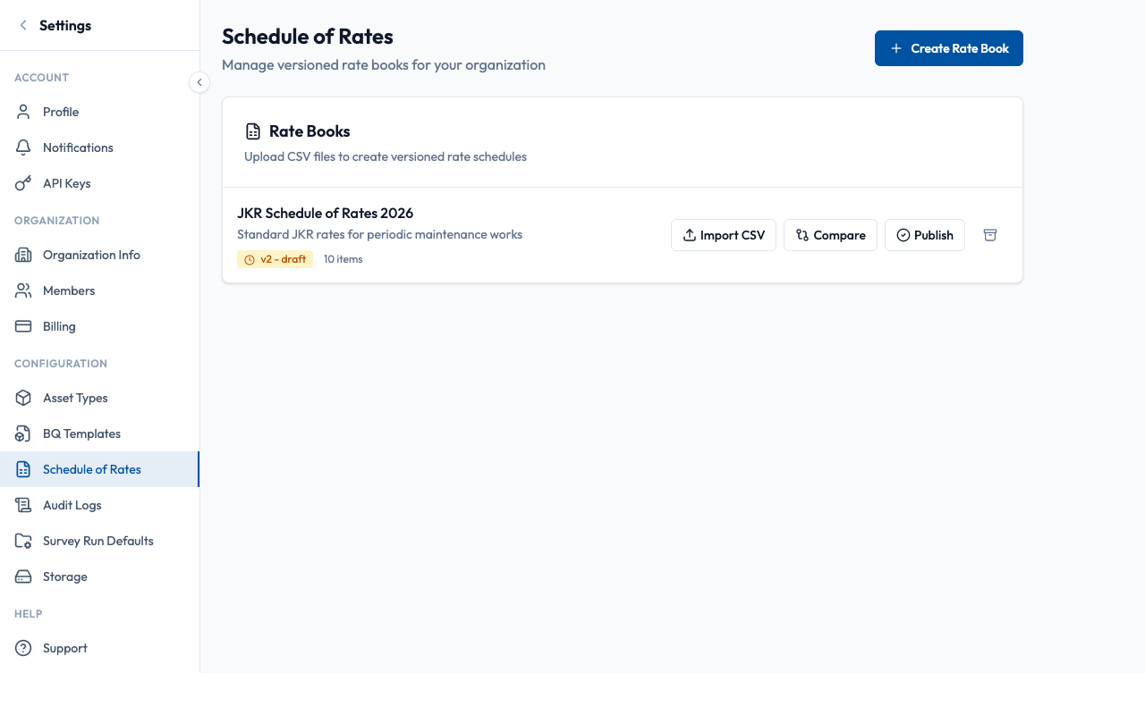 Rate Books settings page